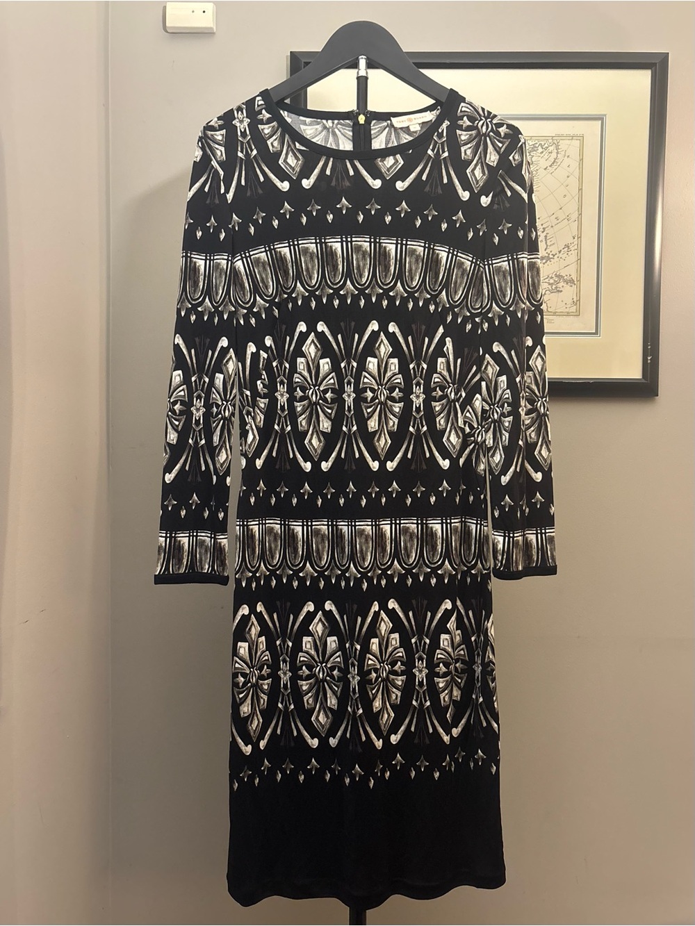 Tory Burch Black & White Patterned Long Sleeve Sheath Dress